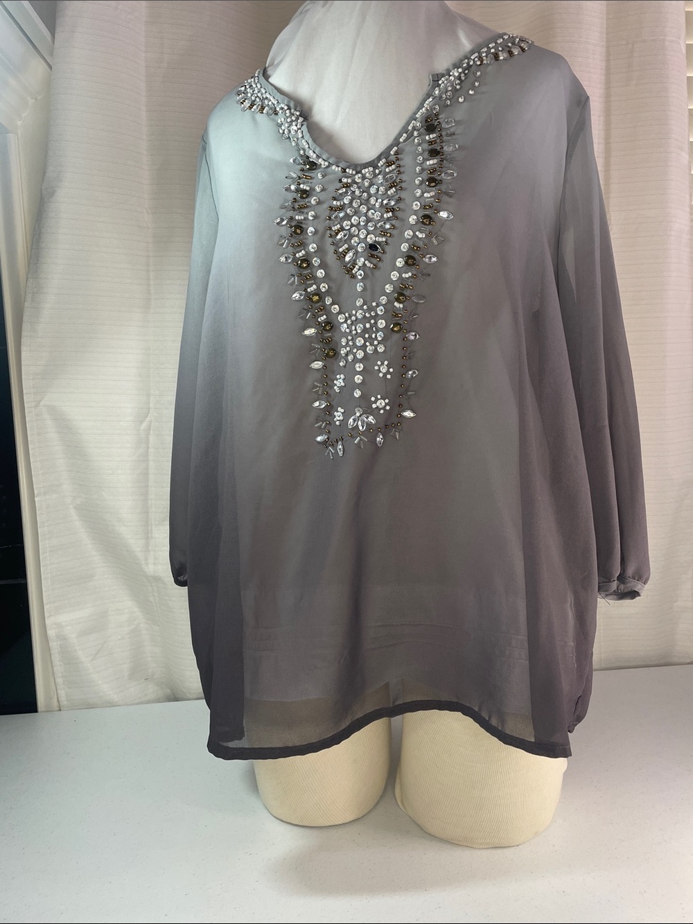 BKE Sheer Beaded V-Neck Tunic - Gray